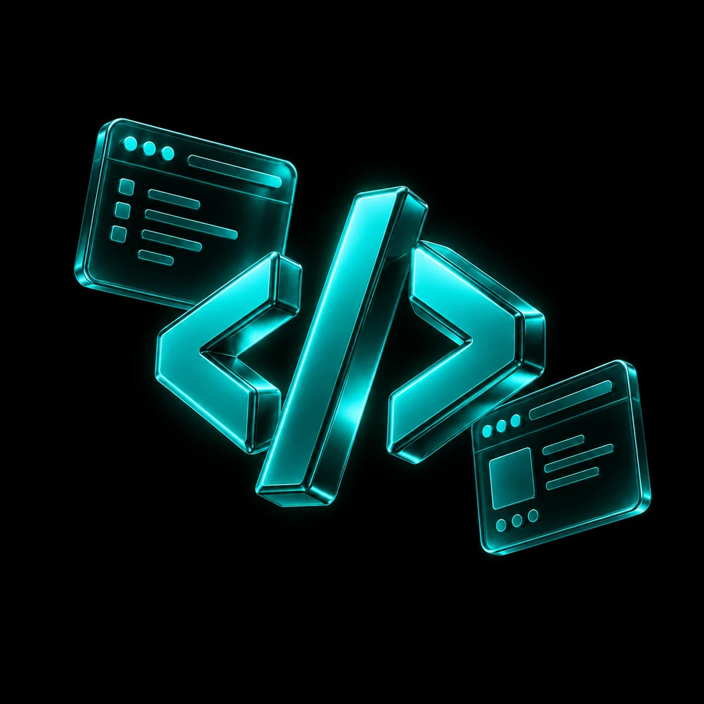 Sculptural turquoise code symbol with dimensional glass browser panels