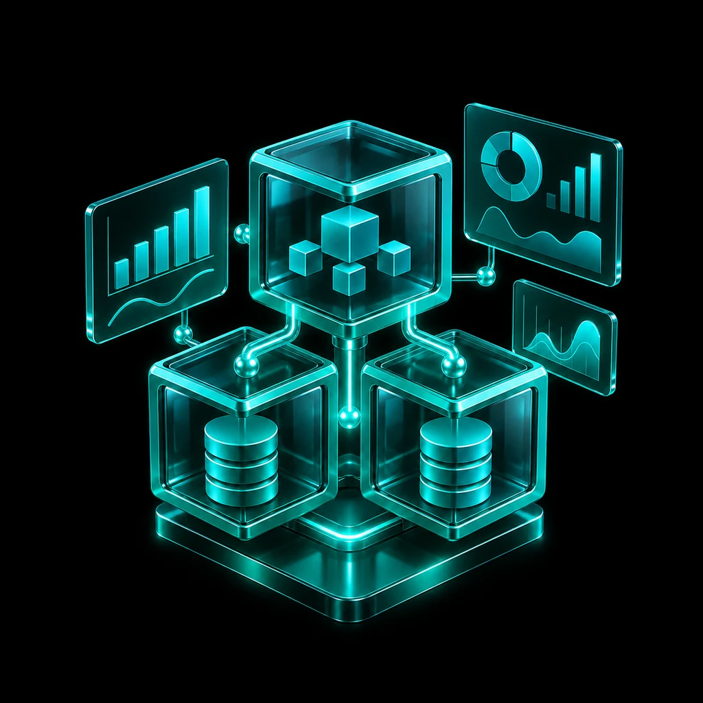 Connected turquoise glass application modules and dashboard panels