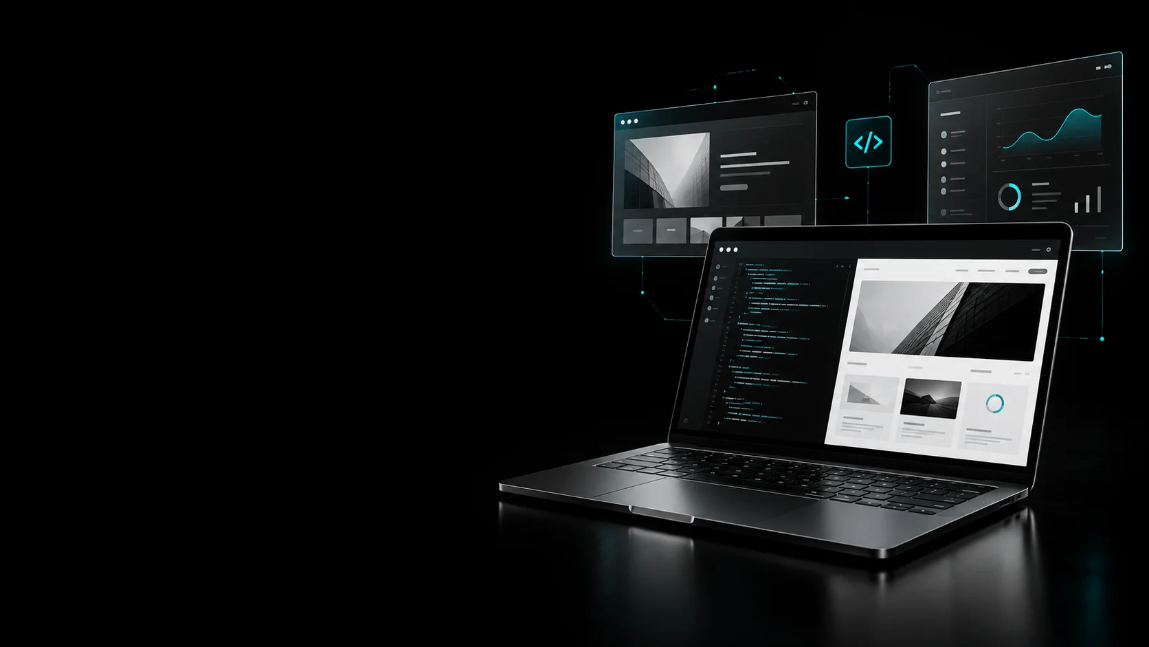 Metallic laptop, browser interfaces and connected dashboards illuminated with turquoise edges